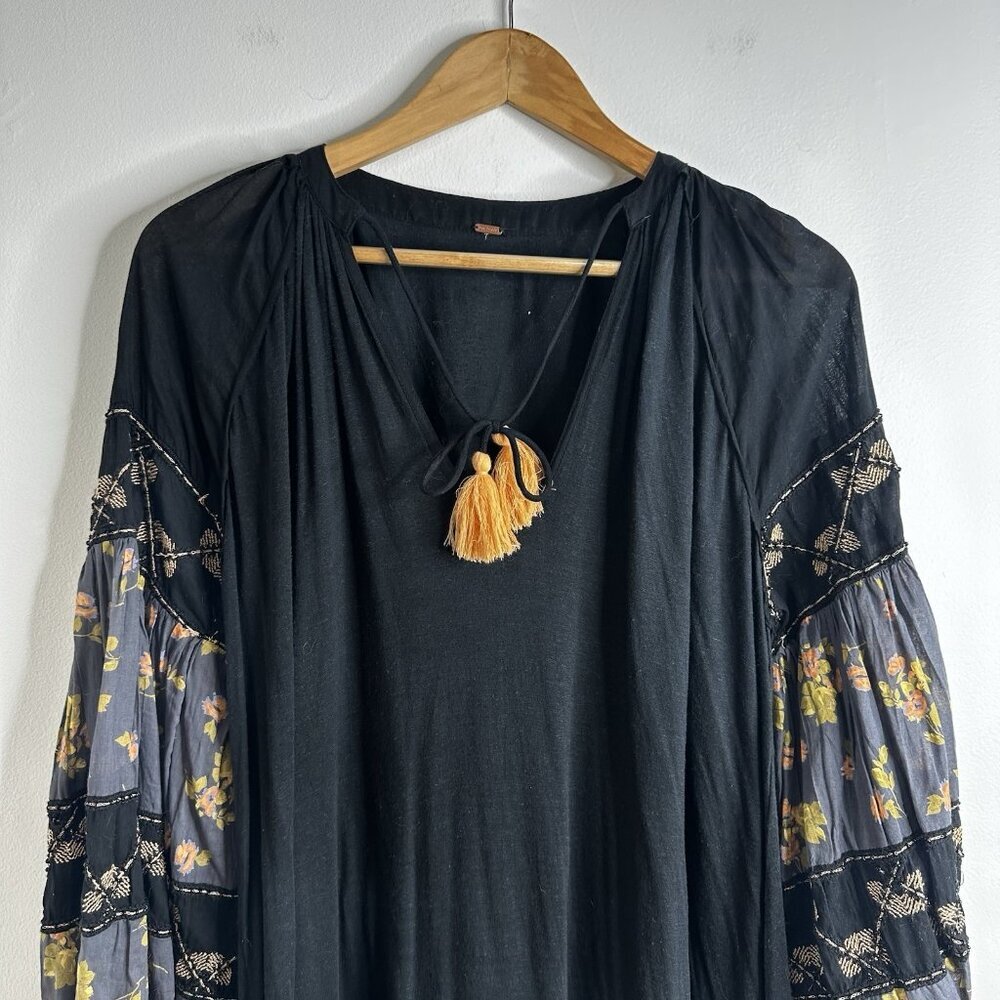 Free People Mix It Up Black Tunic Dress‎ Large Boho Floral Balloon Sleeve - Picture 7 of 16